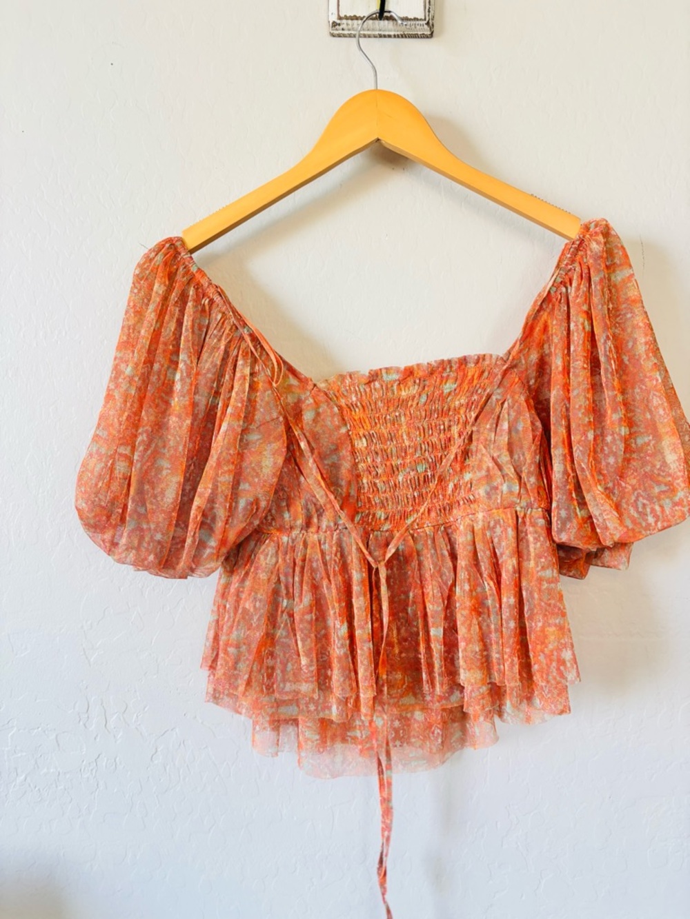 Free People Orange Floral Square-Neck Puff Sleeve Penelope Top - Picture 7 of 9